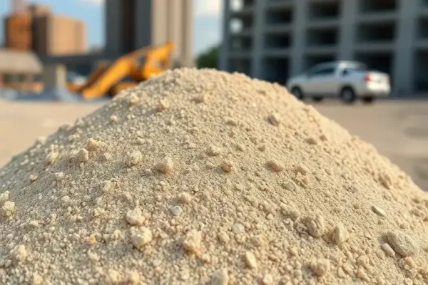 A close-up view of a pile of high-quality construction sand, showing fine grains and a clean texture, with a construction site blurred in the background, natural lighting, high detail.